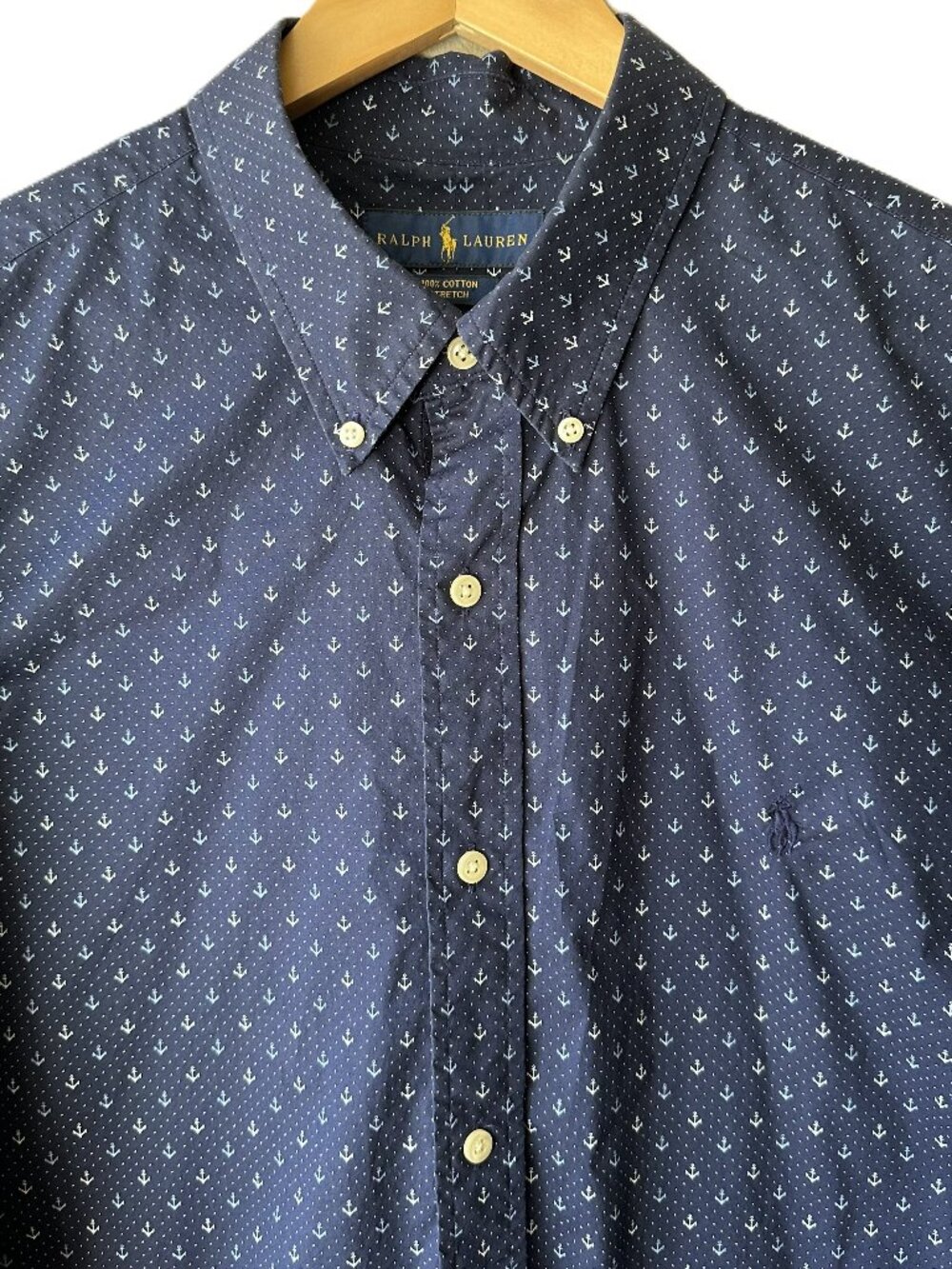Ralph Lauren Shirt Mens XL Navy Anchor Print Button Down 100% Cotton Stretch